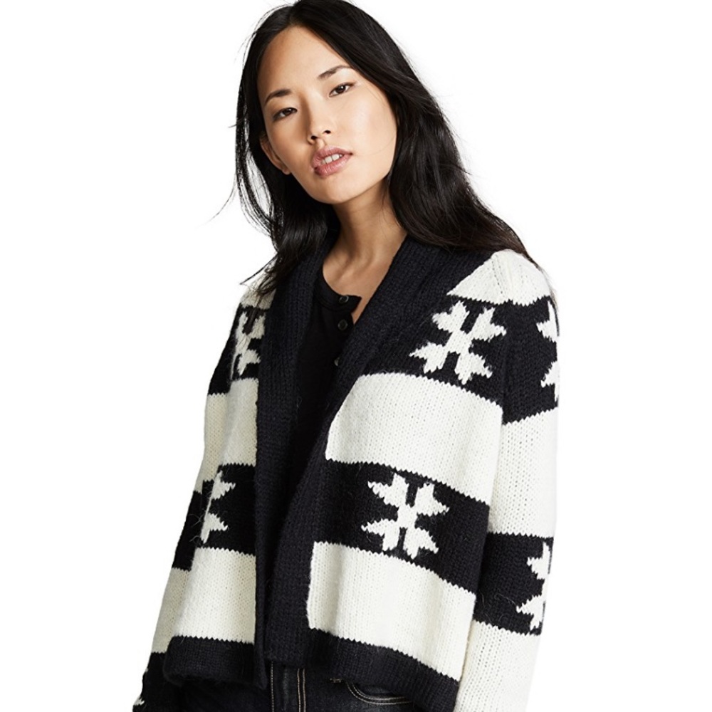 Shawl Collar Black & White Patterned Women's Sweater